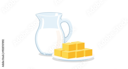 A clear glass pitcher of fresh white milk stands beside a white plate stacked with several golden yellow butter cubes on a clean background.