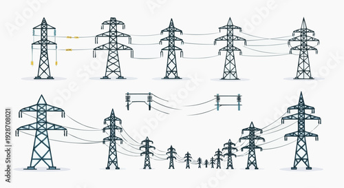 Power transmission towers and electrical infrastructure with wires and trees in the landscape viewed from a distance