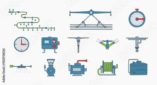 Industrial machinery and equipment icons set in a modern industrial setting viewed from directly above