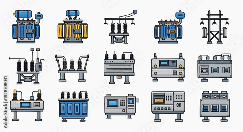Collection of industrial machinery icons displayed in a grid layout, showcasing various mechanical devices and equipment in a technical illustration style.