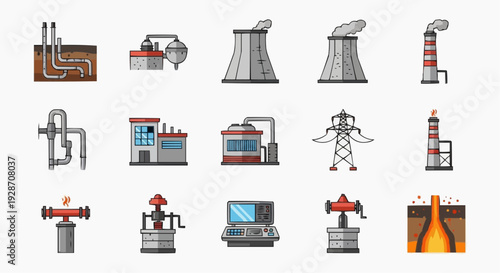 Industrial machinery and equipment icons set, including pipes, valves, and factory elements, in a collection of vector illustrations.
