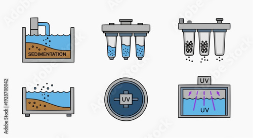 Scientific laboratory equipment and processes for water purification and analysis illustrated in a series of diagrams from various viewpoints