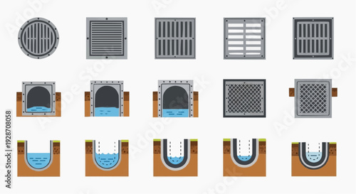 Collection of Drainage System Illustrations Showcasing Various Grate Designs and Configurations