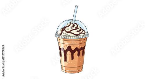 An inviting illustration of a delicious iced coffee beverage in a plastic cup with a dome lid, topped with creamy whipped cream and sweet chocolate syrup drizzle.