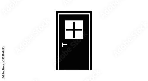 Simple flat design vector icon of a closed door with a window pane and handle, representing entrance, exit, access, or architectural element
