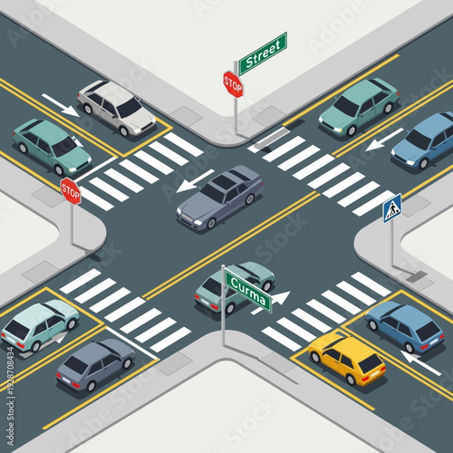 Isometric intersection with cars, crosswalks, and street signs