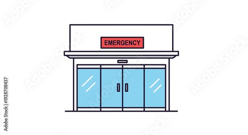 Modern hospital building entrance with double doors and an illuminated red emergency sign above, representing healthcare services and urgent medical care