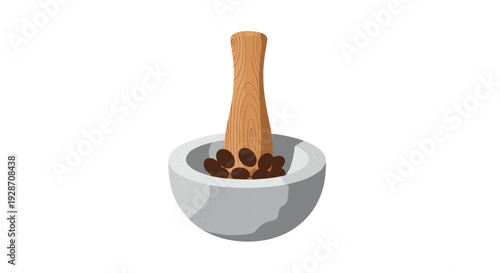 A traditional illustration featuring a classic mortar and pestle, containing dark brown coffee beans, ready for the manual grinding process.
