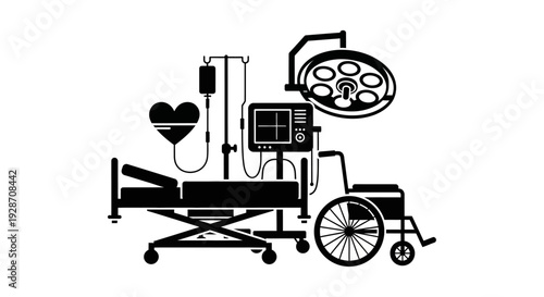 Collection of flat design medical equipment icons, including hospital bed, IV stand, monitor, heart symbol, wheelchair, and surgical light