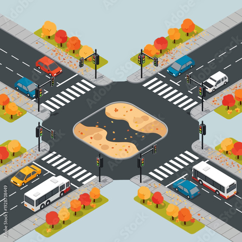 Isometric crossroads with cars, buses, and autumn trees in a city