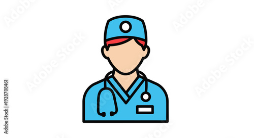 A simple graphic illustration of a healthcare professional wearing a cap and stethoscope, symbolizing medicine and care