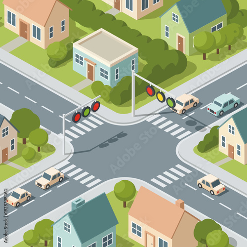 Isometric suburban intersection with houses, cars, and traffic lights