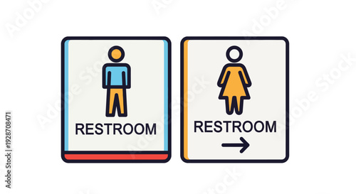 Two restroom signs indicating men's and women's facilities, one with a directional arrow