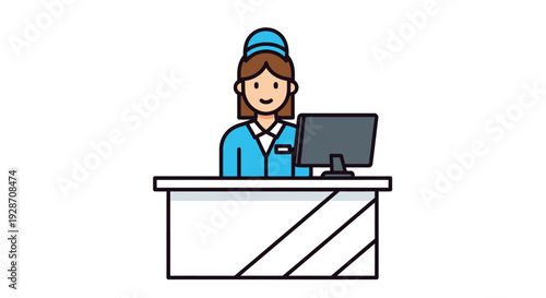 Illustration of a female receptionist at a reception desk with a computer on a white background, representing customer service and hospitality roles