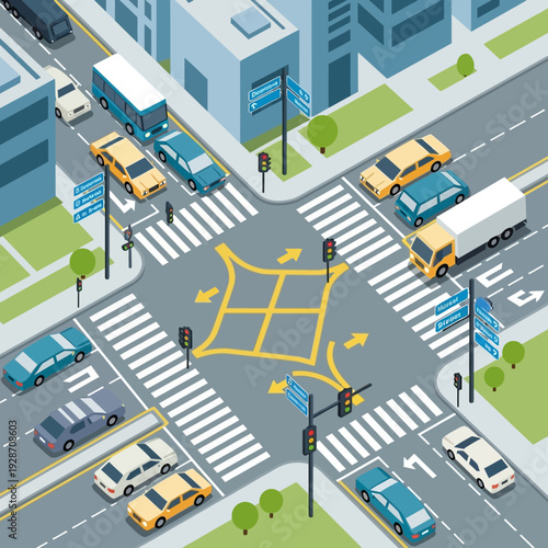 Busy City Intersection with Traffic Congestion and Cars