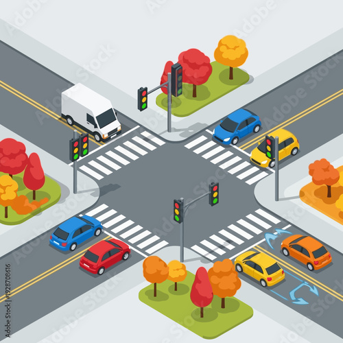 Busy intersection with cars and traffic lights in a stylized isometric view