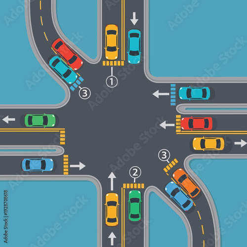 Busy intersection with cars waiting at traffic lights, traffic rules, urban traffic flow