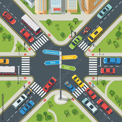 Busy city intersection with traffic, cars, buses, and directional signs