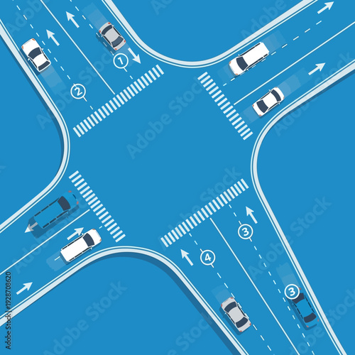 Busy intersection with cars navigating traffic, traffic lights, and crosswalks