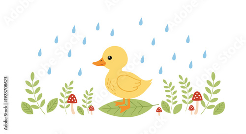 A cute little yellow duckling stands on a large green leaf as blue raindrops fall, surrounded by forest plants and red mushrooms.