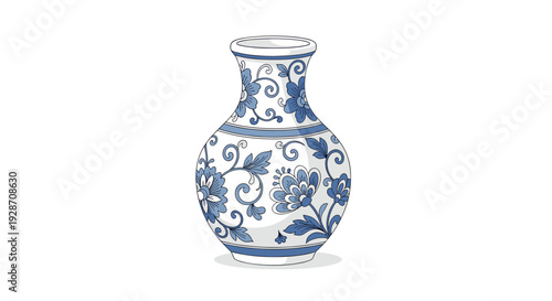 A sophisticated illustration depicting a graceful white ceramic vase intricately decorated with elaborate blue floral patterns, showcasing a traditional and artistic design.