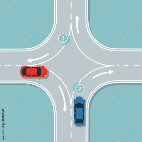 Cars at intersection: red car turning left, blue car going straight