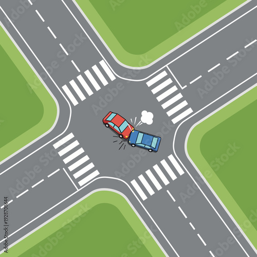 Car accident at intersection, two cars colliding at crosswalk, traffic safety concept