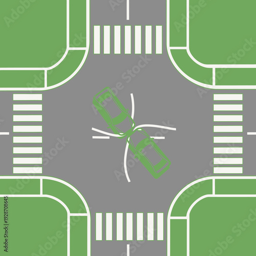 Car accident at intersection, traffic collision, two cars crashed, road safety concept