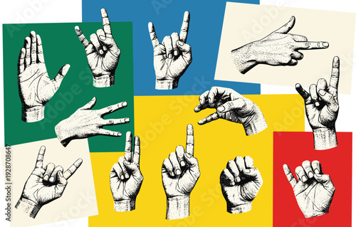 Collection of hand illustrations showcasing various sign language gestures on colorful backgrounds from a top-down viewpoint