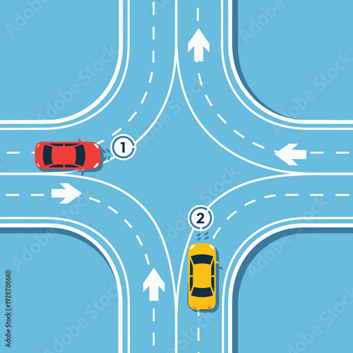 Cars at intersection: red car turning left, yellow car going straight, traffic rules