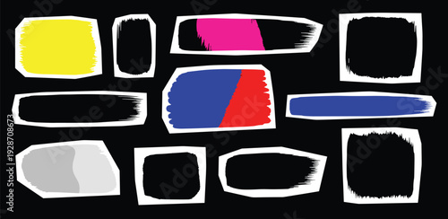 Abstract geometric shapes in various colors arranged in a grid pattern on a black background