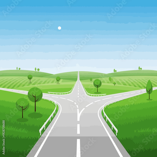 Crossroads of decision, diverging roads in green landscape, choice and future concept