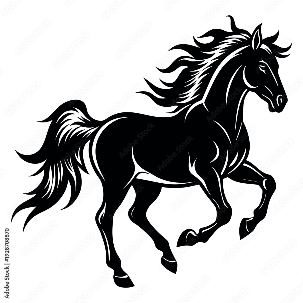 Obraz premium Black Horse Illustration with Flowing Mane and Tail in Motion Vector Graphic on white background