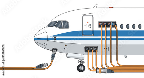 The front section of a passenger airplane is shown with numerous orange cables connected to its fuselage and nose landing gear.