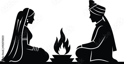 Traditional Indian Wedding Ceremony Silhouette Bride and Groom Performing Sacred Fire Rituals Symbolizing Union and Marital Vows