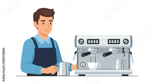 A smiling male barista in an apron expertly prepares a fresh cup of coffee using a professional espresso machine.