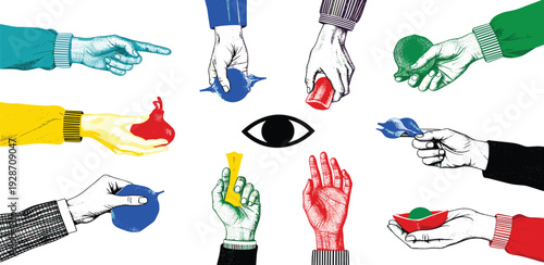 Multiple hands holding various objects surrounding a central eye from different viewpoints