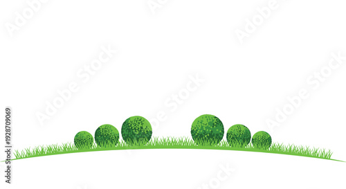 Multiple round green bushes of differing sizes sit on a gentle grassy curve, providing a simple, natural border against a clean white backdrop.