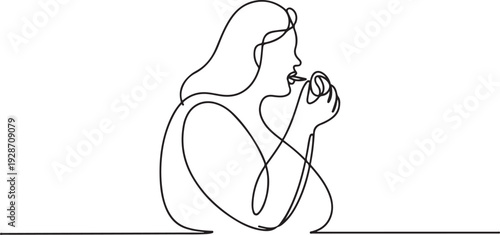 continuous single drawn one line fat woman eating a hand-drawn picture silhouette. one line art icon drawing vector