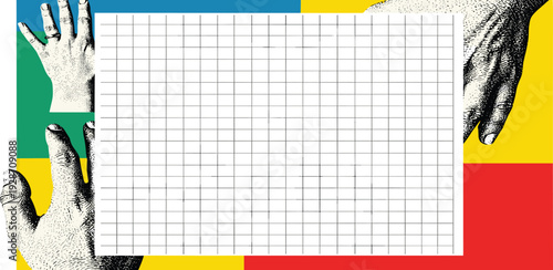 Hands rising against a grid pattern on a multicolored background, viewed from directly above