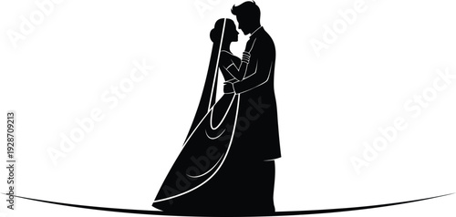 Elegant black silhouette of a loving bride and groom in a tender embrace, symbolizing unity, everlasting commitment, and a joyous wedding journey