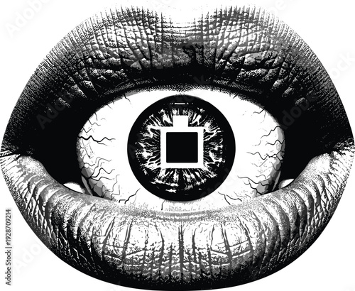 A close-up of an eye with a black and white iris and a square pupil, surrounded by wrinkled skin, viewed from the front