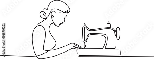 line art of woman using sewing machine. one line art icon drawing vector