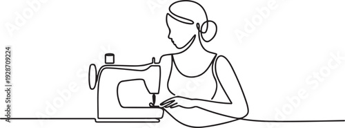 line art of woman using sewing machine. one line art icon drawing vector
