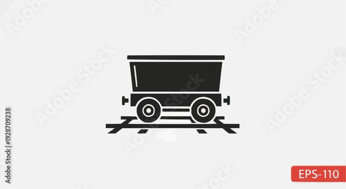 Railway cart on tracks viewed from side, simple illustration of industrial transportation equipment, vector graphic