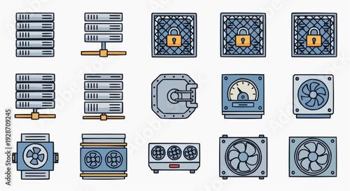 Computer hardware components collection illustration featuring servers, hard drives, and fans in a technical flat design