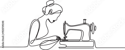 line art of woman using sewing machine. one line art icon drawing vector