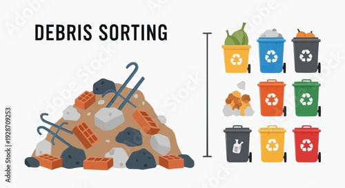 Sorting debris into categorized bins for recycling and waste management