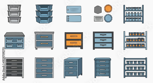 Collection of various dresser and shelving unit illustrations displayed from different viewpoints