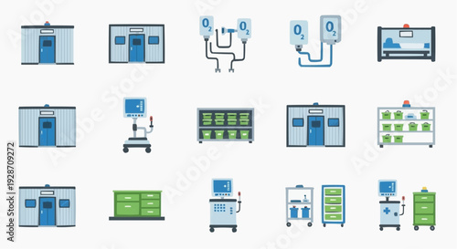 Medical Equipment and Hospital Room Illustrations from Various Viewpoints Showcasing Different Machines and Facilities